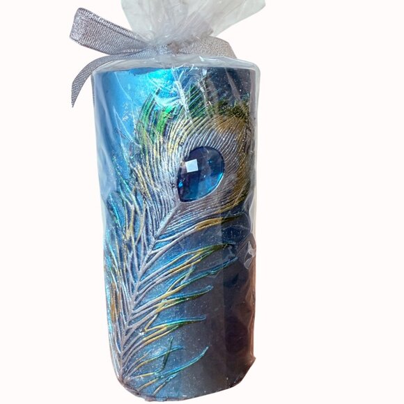 Pier 1 Imports Peacock Candle Rhinestone Feather Pillar Elegant Home Décor Gift - Picture 3 of 14
